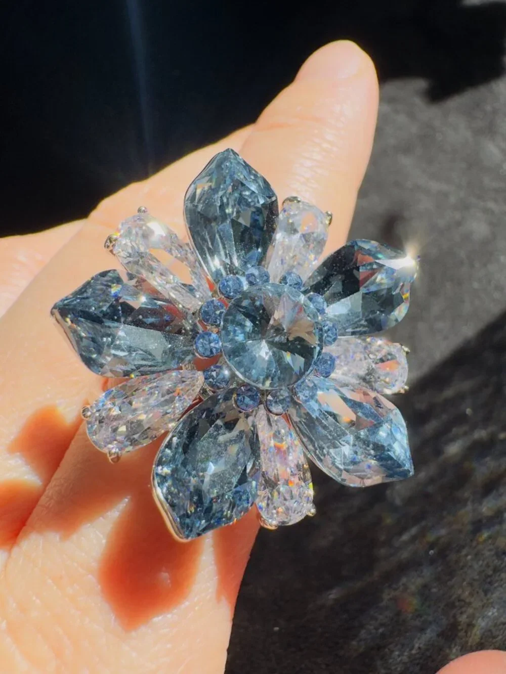 Blue Swarovski Element Crystal Flower Scarf Ring 2-in-1